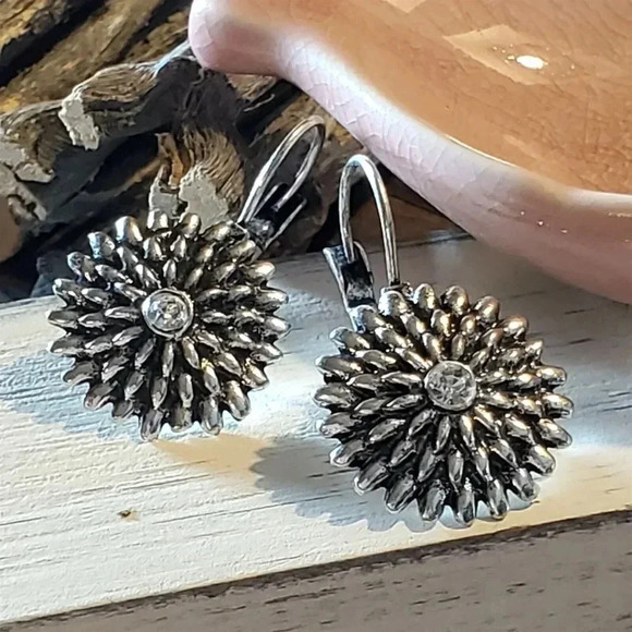 Art Deco Antique Silver Round Chrysanthemum Flower Czech Crystal Earrings - Picture 1 of 8